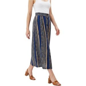 Vintage Blue Striped Button Front Maxi Skirt Scroll Print Boho High Waist